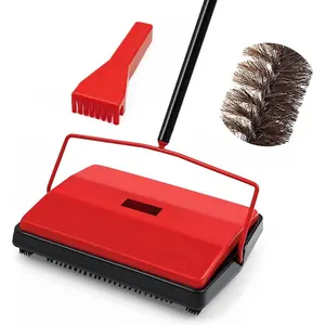 Carpet Floor Sweeper Manual with Horsehair, Non Electric Quite Rug Roller Brush Push for Cleaning , Loose Debris, Lint (Red)