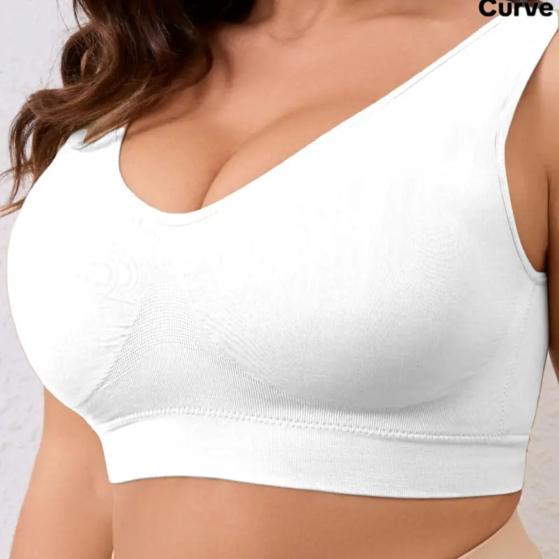 Plus Size Double Layer Knit Wireless Bra with Soft Wide Straps, Comfy Cozy Bra, Breathable Basic Casual Women Crop Tank Top with Detachable Pads, All Season Medium Comfort Fit Underwear, Non Wired Bra, Breathable Bras