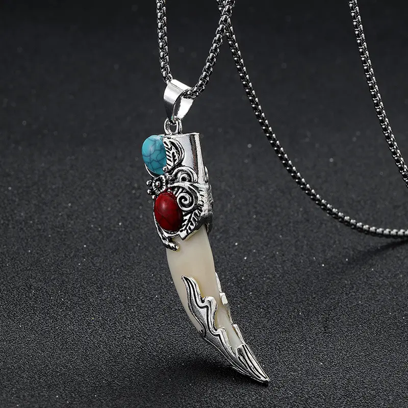 Women's Retro Look Bohemian Wolf Tooth Pendant Necklace - Silver-Tone with Inlaid Vintage Turquoise Stones, Party Wear Costume Jewelry, Female Gifts for Adults