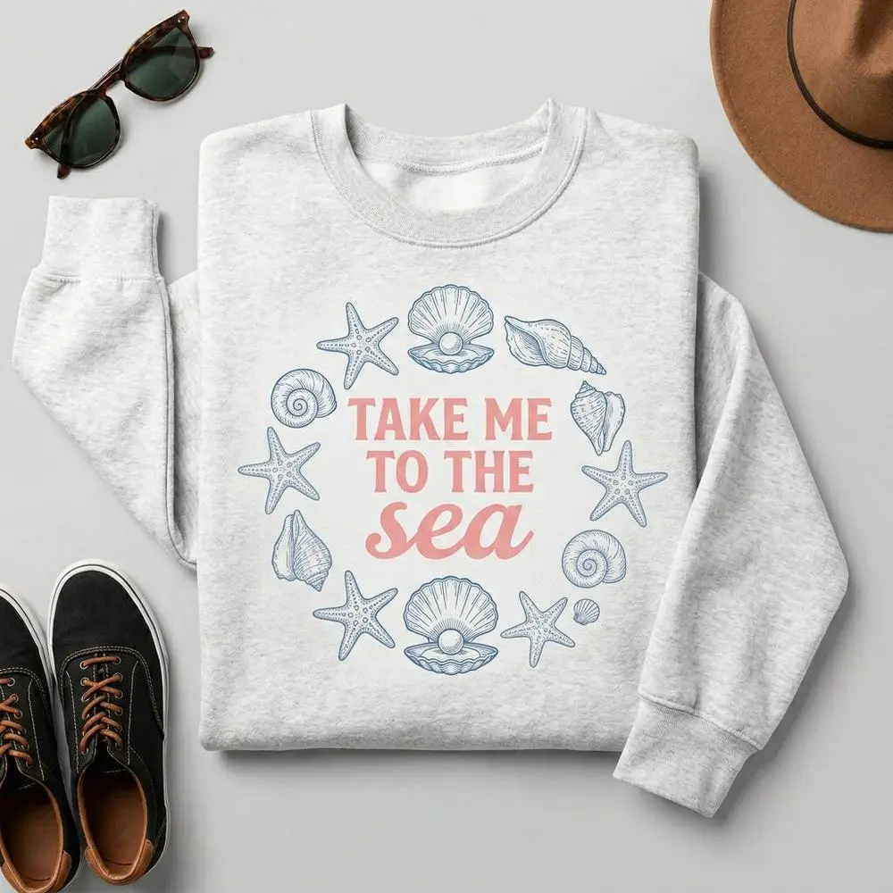 Women's Cotton-Polyester Fitted Casual Long Sleeve Round Neck Hoodie Tops - Vintage Coastal Digital Print Seashell Starfish Pullover Clothes #495, All Seasons, Crew Neck, Graphic, Do Not Dry Clean, Sweatshirt, Pullover Hoodie, Coastal Graphic, Poly-Cotton