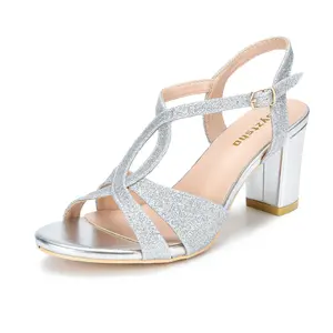Glitter Chunky Sandals ankle strap Heels Open Toe Sparkly Pump Wedding Party Dress Shoes for Women