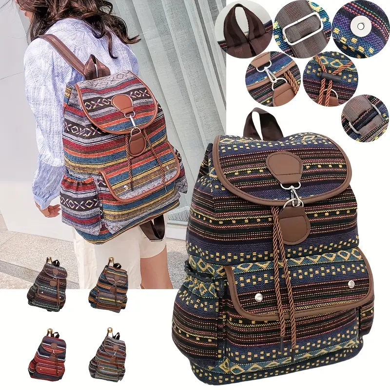 Ladies' fashionable backpack, backpack, simple, beautiful, versatile, ethnic style, striped backpack, fashionable trend, s shopping Versatile Multi-Function Backpack