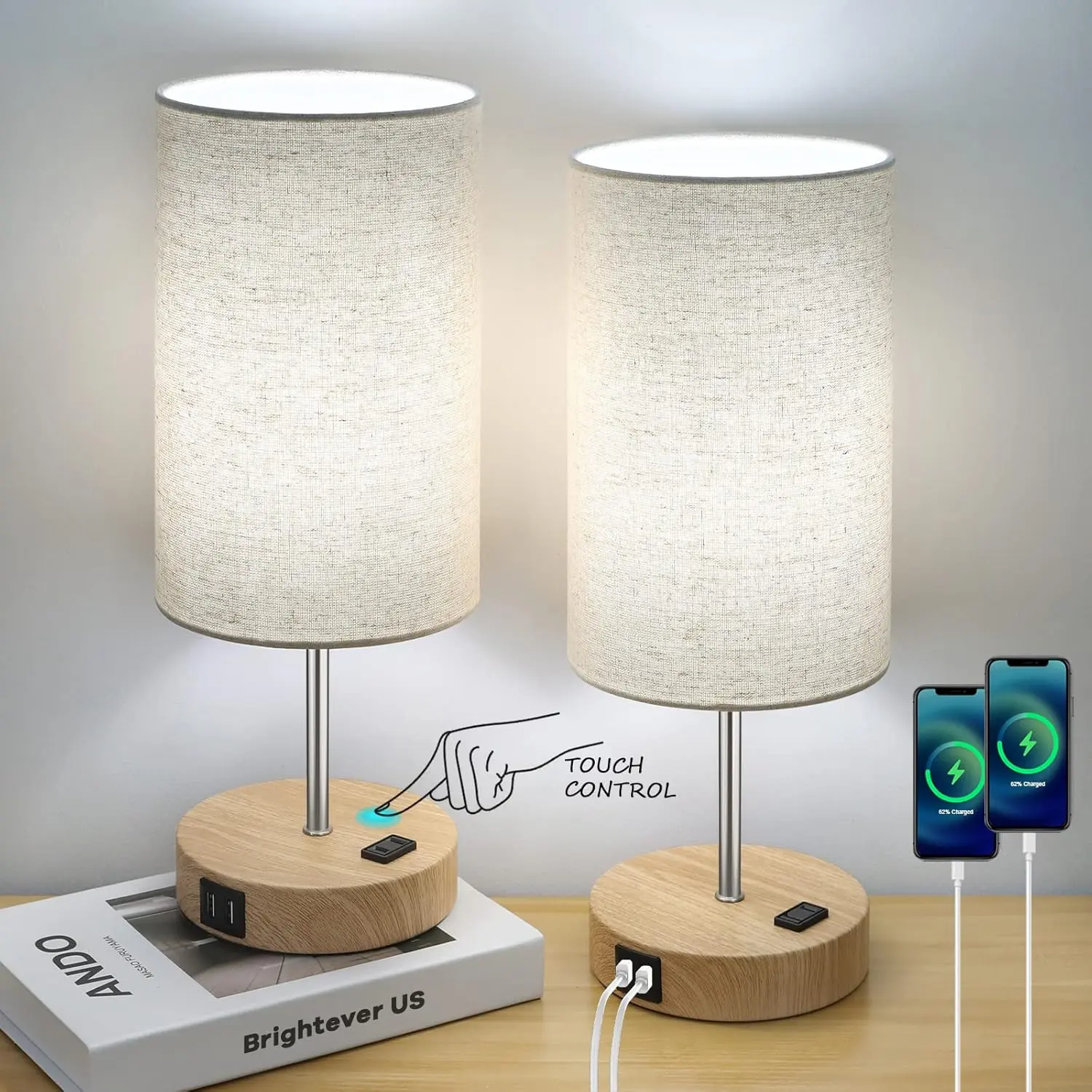 MATULSA Black Touch Control 3-Way Dimmable LED Table Lamp Set of 2 with Fabric Shade, Wood Base, 2 USB Charge Ports, AC Outlet & Included A19 LED Bulbs, Modern Mood Lighting for Bedroom, Living Room, Led Lights