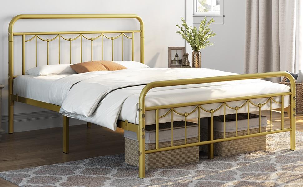 Yaheetech Antique Gold Queen Size Metal Bed Frame with Vintage Headboard Footboard Heavy Duty Steel Slat Support Ample Under Bed Storage No Box Spring Needed - Platform Bedframe