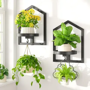 2 count Black Wall Mount  Shelves with Hangers for Indoor Flower, Heavy Duty Metal Window Floating Planter Holders Stand, Iron Modern Picture Frame Decorative for Bathroom Kitchen with Hook