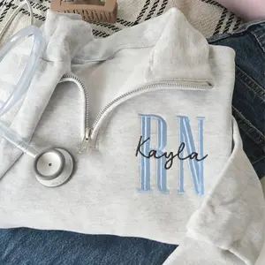Custom Embroidered Nurse Quarter Zip Sweatshirt, RN Pullover, Nursing Graduation Gift for Her, Monogram Nurse Sweatshirt, Cozy Medical Worker Outfit