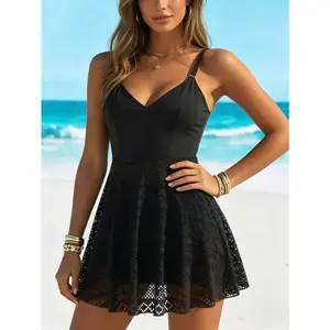 Black Mesh Lace Swim Dress One Piece Swimsuit for Women, Deep V Spaghetti Strap Flared Skirted Bathing Suit, Tummy Control Modest Elegant Beach Vacation Swimwear 2026,SummerVibes