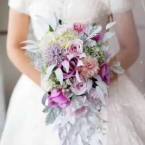 Bride White Burgundy Calla Lily Rose Bouquet, Artificial Water Drop Design, Wedding Bridal Shower Ceremony Decoration