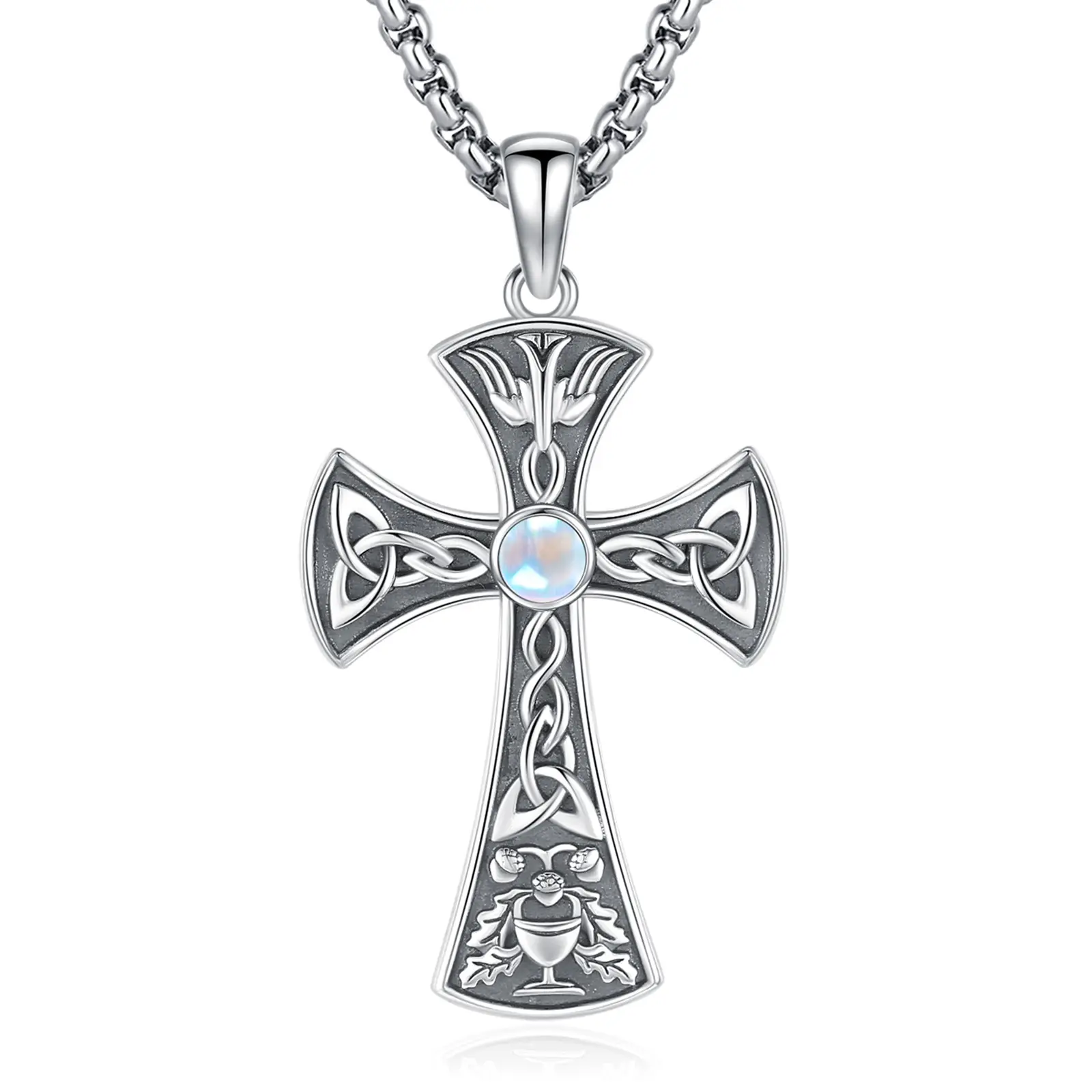 DRINSPER 925 Sterling Silver Celtic Knot Cross Pendant, Retro Statement Necklace with Luminous Moonstone for Unisex Casual Wear, Silver Necklaces & Pendants, Chalice, Ethnic