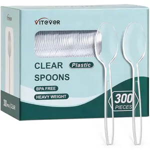300 Count Clear Heavy Duty Plastic Spoons Disposable Silverware Spoons Bulk Solid Plastic Cutlery Utensils Set