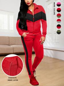 women's 2-piece trousers suit, long-sleeved trousers zippered sports casual suit, trousers with pockets, suitable for home parties, fall outfit