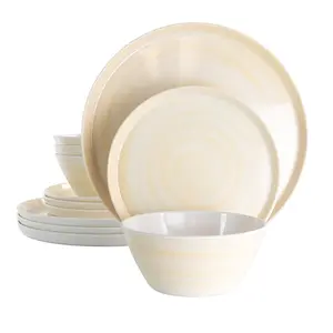 212 MAIN 12-Piece Minimalist Crackle Crafted Clay Lightweight Melamine Kids' Dining Plate Set, Cream Dinnerware Plates & Bowls, Ideal for Kids' Birthday Meals
