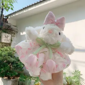 Tulip Bunny Keychain - Soft Pink and White Plush with Bow and Floral Design
