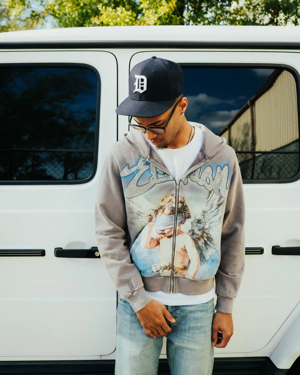 Mixed Emotion Angel Rhinestone Zip Up Hoodie - TikTok Shop
