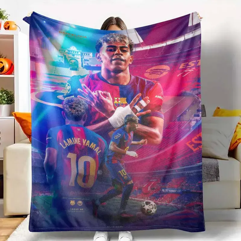 Barcelona Stadium Flannel Blanket Soccer Player Print Design Soft Warm Lightweight Cozy Texture Perfect Bedroom Living Room Office Sports Fan Gift Travel Home Decoration Use Air Conditioning Summer Dorm Couch Sofa Back to School Decor