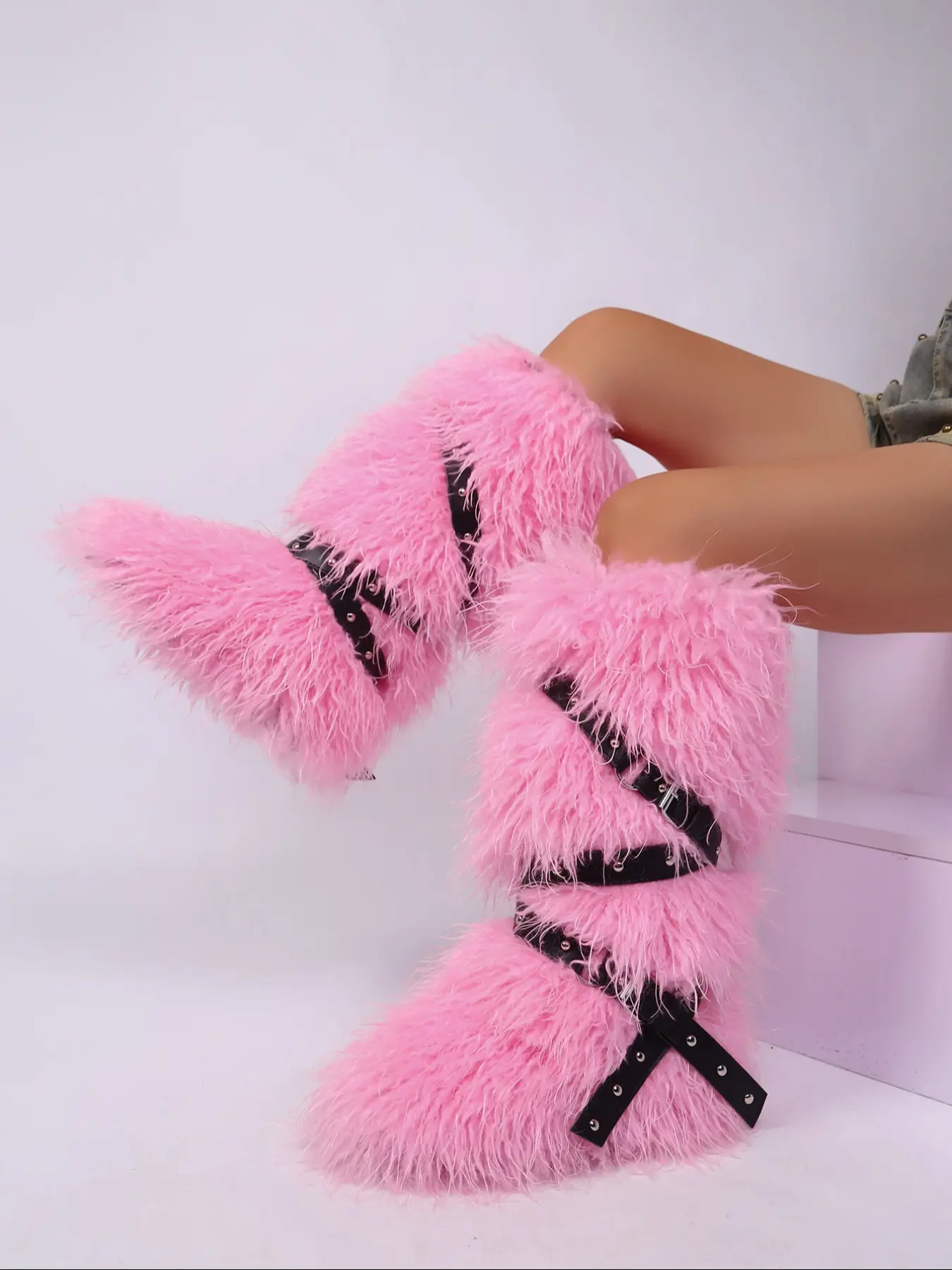 Sexy High-Top Snow Boots for Women, New Style Cross Buckle Fur Lined Long Winter Shoes, Trendy Fashion Footwear for Cold Weather, Winter Warm Shoes, Fashionable Boots