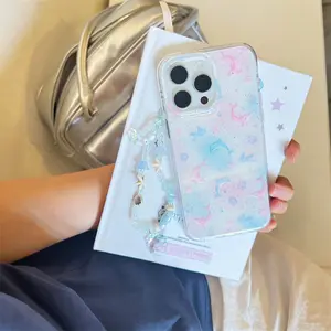 Crystal transparent white light blue powder blended dreamy dolphin Protective phone case cover with chain for iPhone 11 12 13 14 15 16 17 pro max