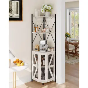 Corner Bar Cabinet with Led Lights, Corner Cabinet with Outlet, Storage Space and Detachable Wine Rack, Farmhouse Style Coffee Cabinet for Dining Room, Living Room, Kitchen 12 Colors
