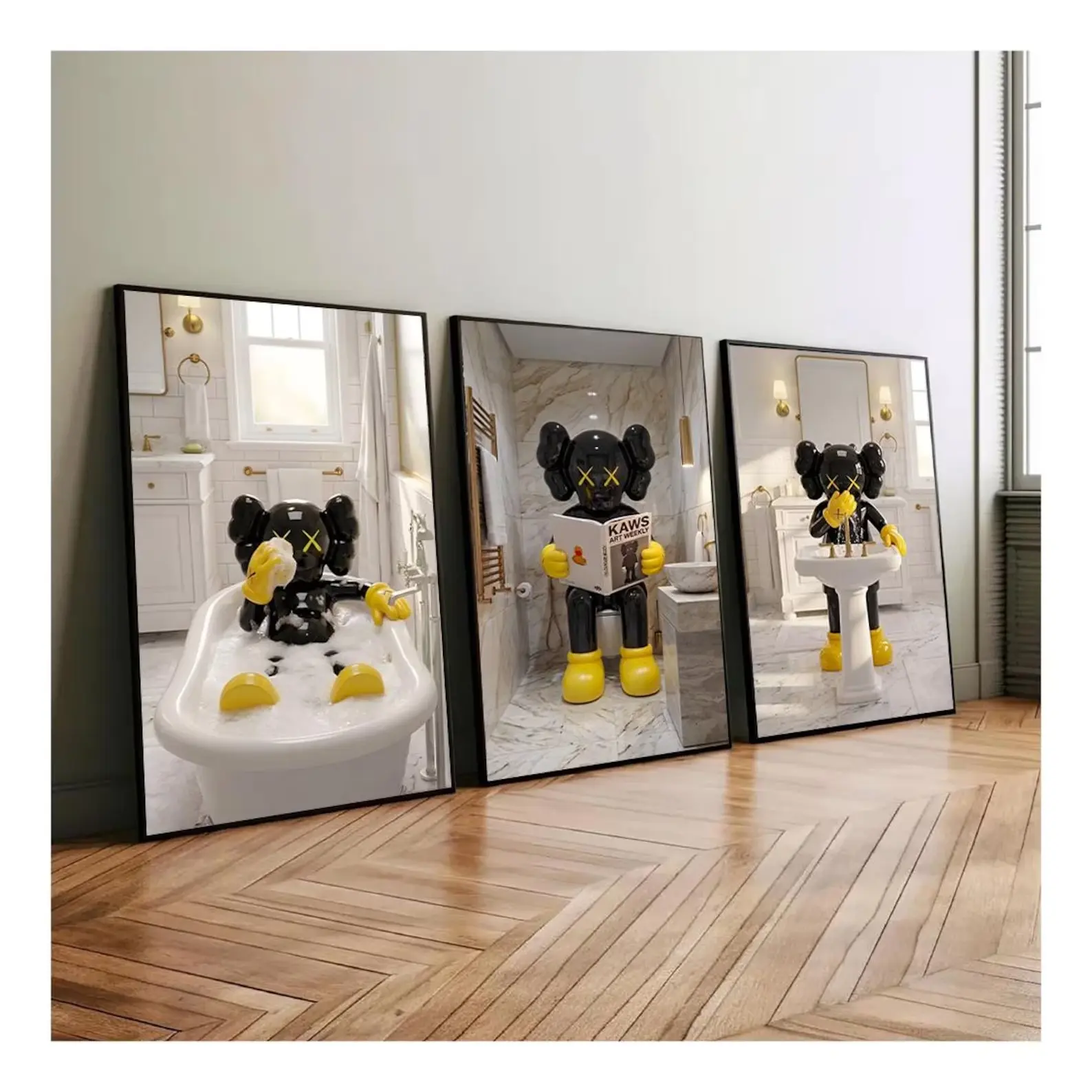 Black Yellow Bath Kaws set of 3,Hypebeast Wall Art,Shower Bath Art, Graffiti Poster, Living Room Decor