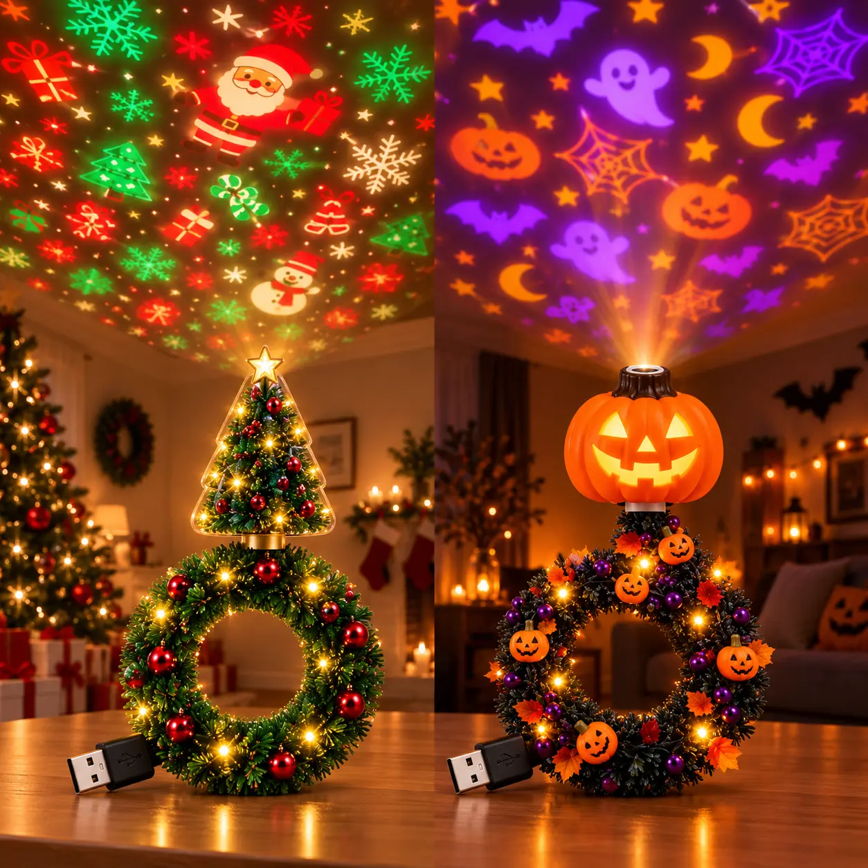 Christmas & Halloween Projector Night Light, USB Plug-In LED Holiday Projection Lamp, Ceiling & Wall Light for Bedroom, Home, Party and Seasonal Decor