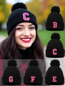 Unisex Embroidered Letter Beanie Fitted Hat, Warm Winter Knit Cap with Elastic Band, Casual Sport Style, Comfortable Fabric, Cold Weather Accessory, Embroidered Beanies