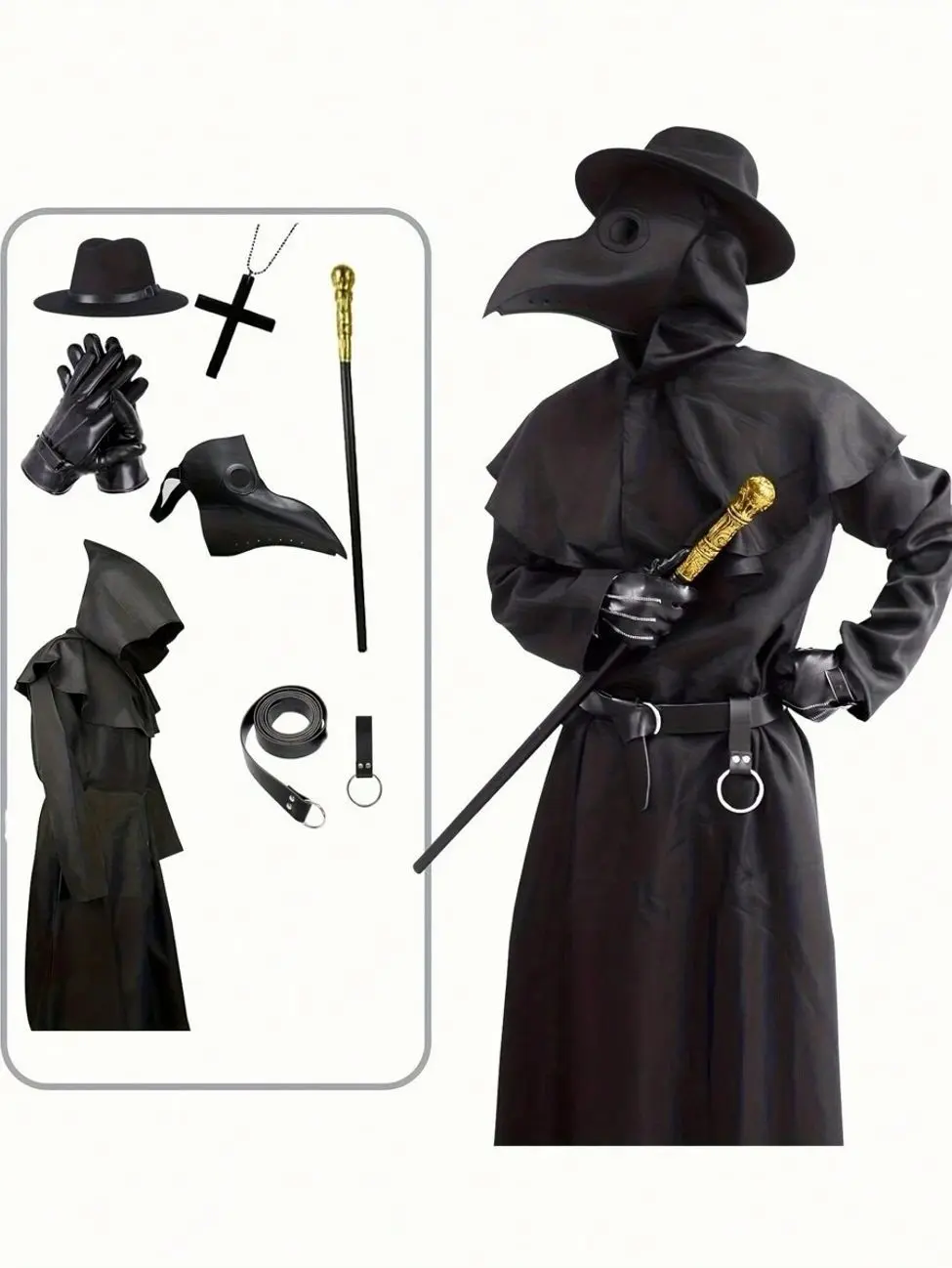 Halloween Costume, Suitable For Plague Doctors, Black Cape Robe With Bird Beak Mask Scepter And Gloves