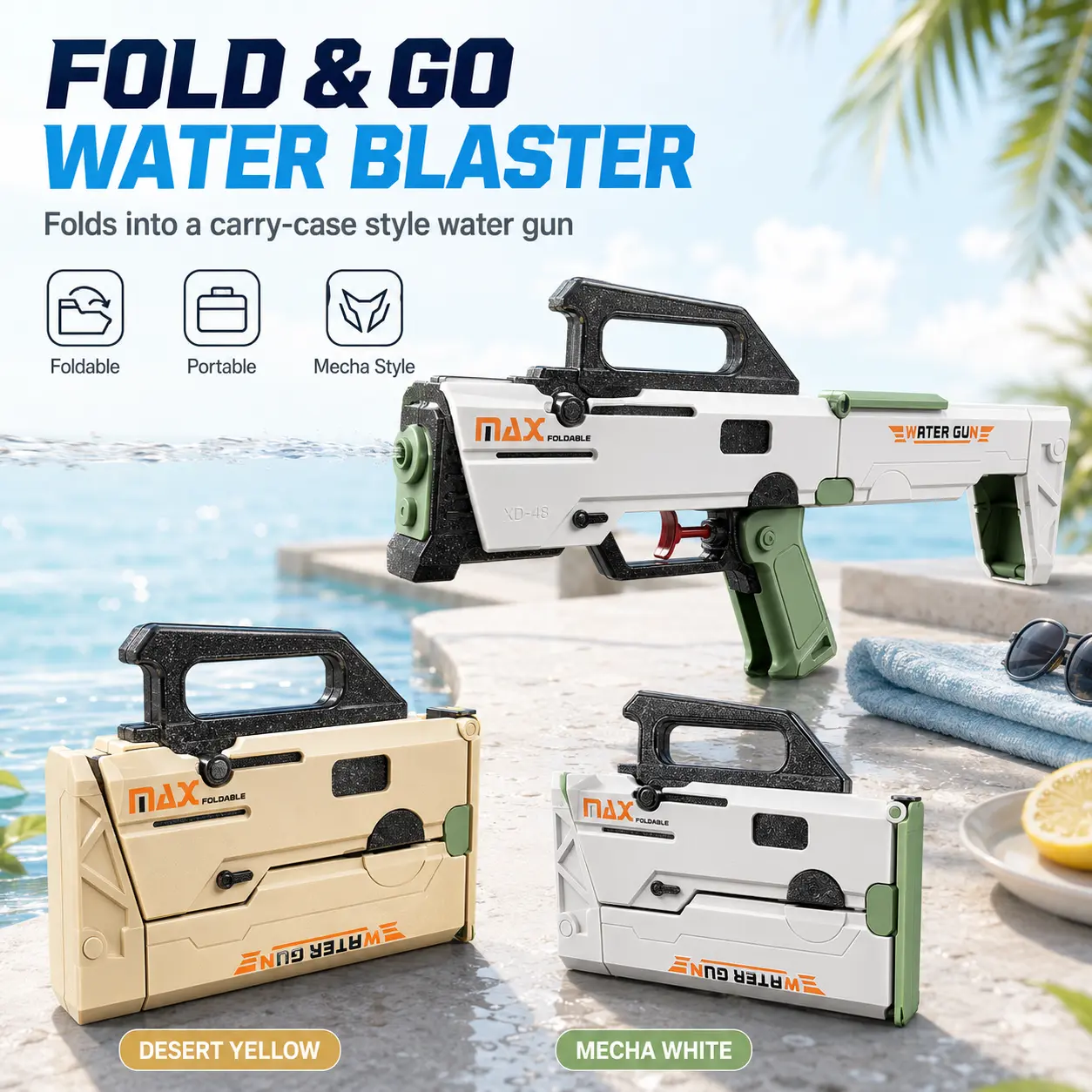 Foldable Water Blaster Toy, Portable Carry-Case Water Gun with Handle, Approx. 200 mL Tank and 13–20 FT Long-Range Stream for Pool, Beach, Backyard, Outdoor Summer Water Games, Desert Yellow or Mecha White