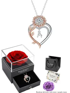 Sunflower Heart Initial Pendant Necklace, Fashionable Jewelry, Name Engraved Pendant, Elegant Double Layered Heart Initial Necklace Gift rose Box Included, Perfect for give to Mom Wife Girlfriend, Heart Design Necklace
