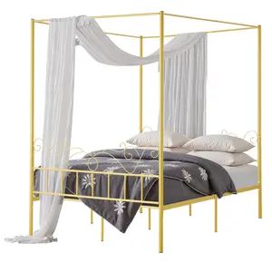 Queen Size Canopy Bed Frame Made From Durable Metal with Four-Poster Design, Included Headboard and Footboard, Easy Assembly, Slatted Base, No Box Spring Required, Sturdy Bedroom Furniture for Modern Homes