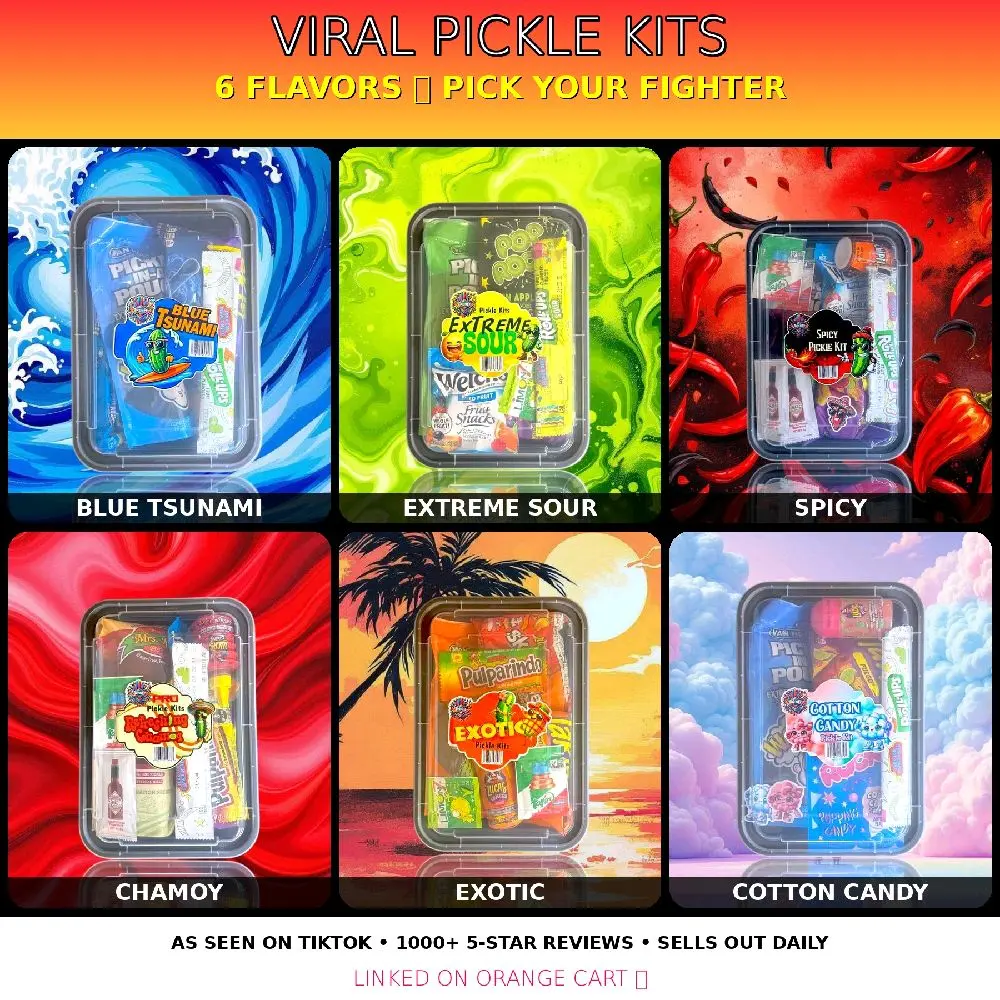 VIRAL Pickle Kit - 6 Flavors | Chamoy Pickle Kit with Takis & Tajin - Blue Tsunami, Extreme Sour, Spicy, Exotic, Cotton Candy