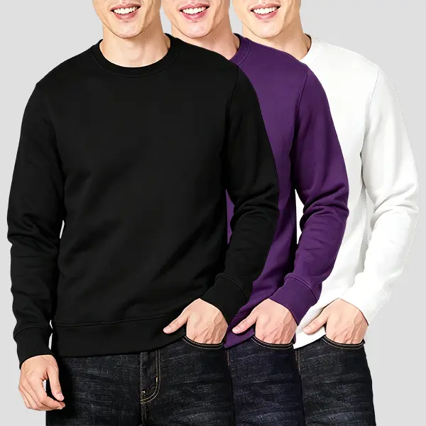 Men’s athletic crewneck sweatshirt made from soft fleece fabric, solid color long sleeves, casual pullover top suitable for everyday wear and sports activities.