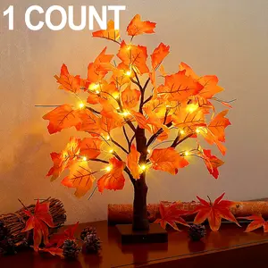 60cm Glowing Thanksgiving Fall Maple Leaf Tree Decor, 24 LED Battery or USB Powered Timer, Indoor Holiday Decoration for Christmas Party Home Atmosphere DIY Table Lamp