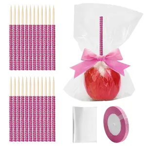 24Pcs Candy Apple Stick Kit, 24P Bling Stick for Apple Rhinestone Wooden Skewers with 24P Bags/ 25 Yard Glitter Ribbon, Bling Skewers for Caramel Lollipop Crispy Treat Gift Disposable