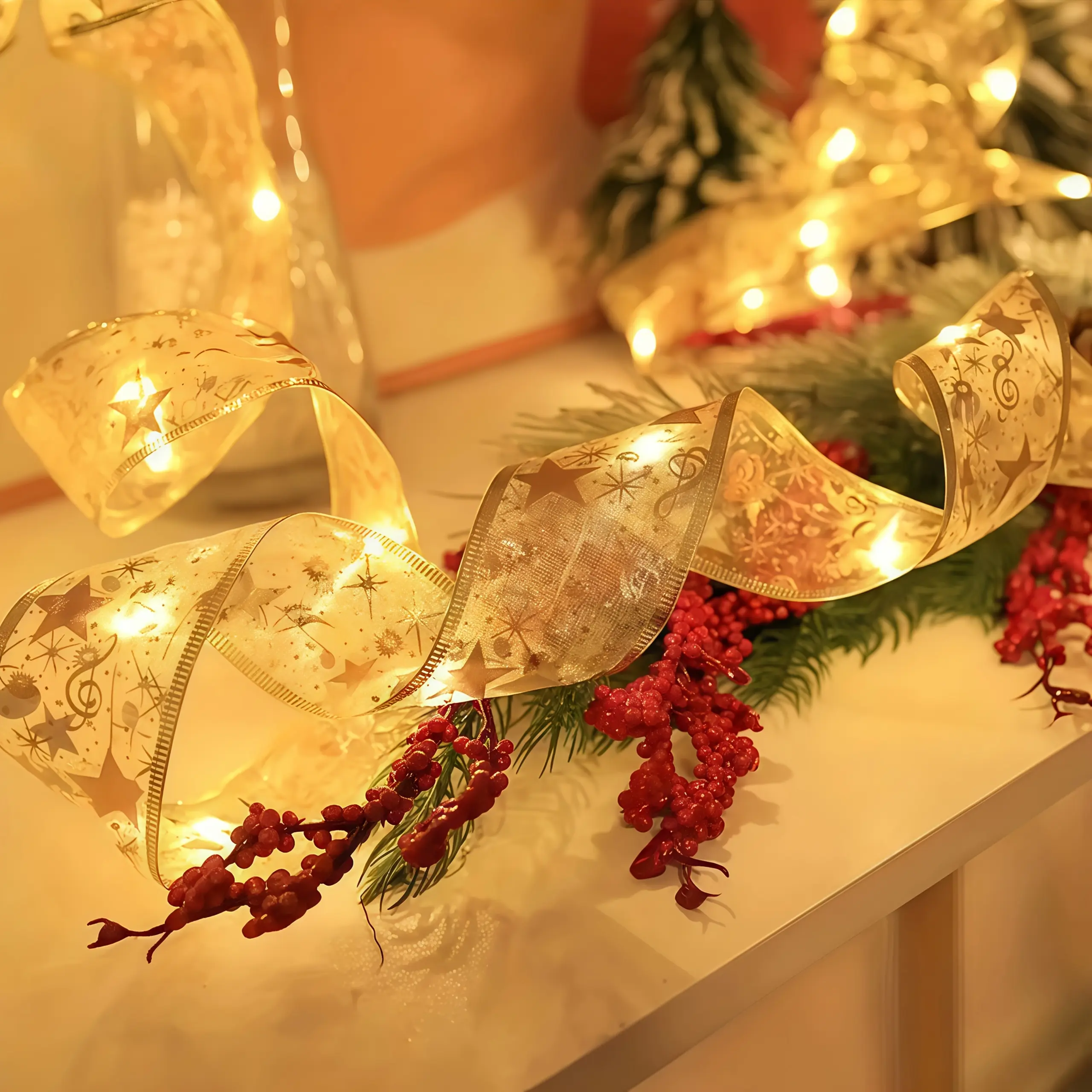 1 pack, 32.7 ft Christmas gold ribbon with 100 warm white LED beads, 2 lighting modes — Christmas fairy string lights suitable for Christmas tree decorations, gift boxes, golden Christmas wreaths, party decor, winter holiday decoration, outdoor and indoor