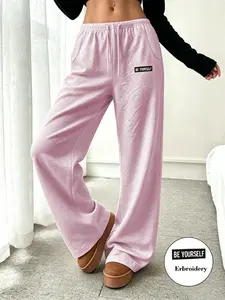 Be Yourself Embroidered Drawstring Sweatpants, Loose Wide Leg Casual Sports Pants, Fashionable and Versatile, Perfect for Daily Wear