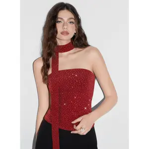 Cider Sequin Mesh Rhinestone Bandeau Top With Scarf