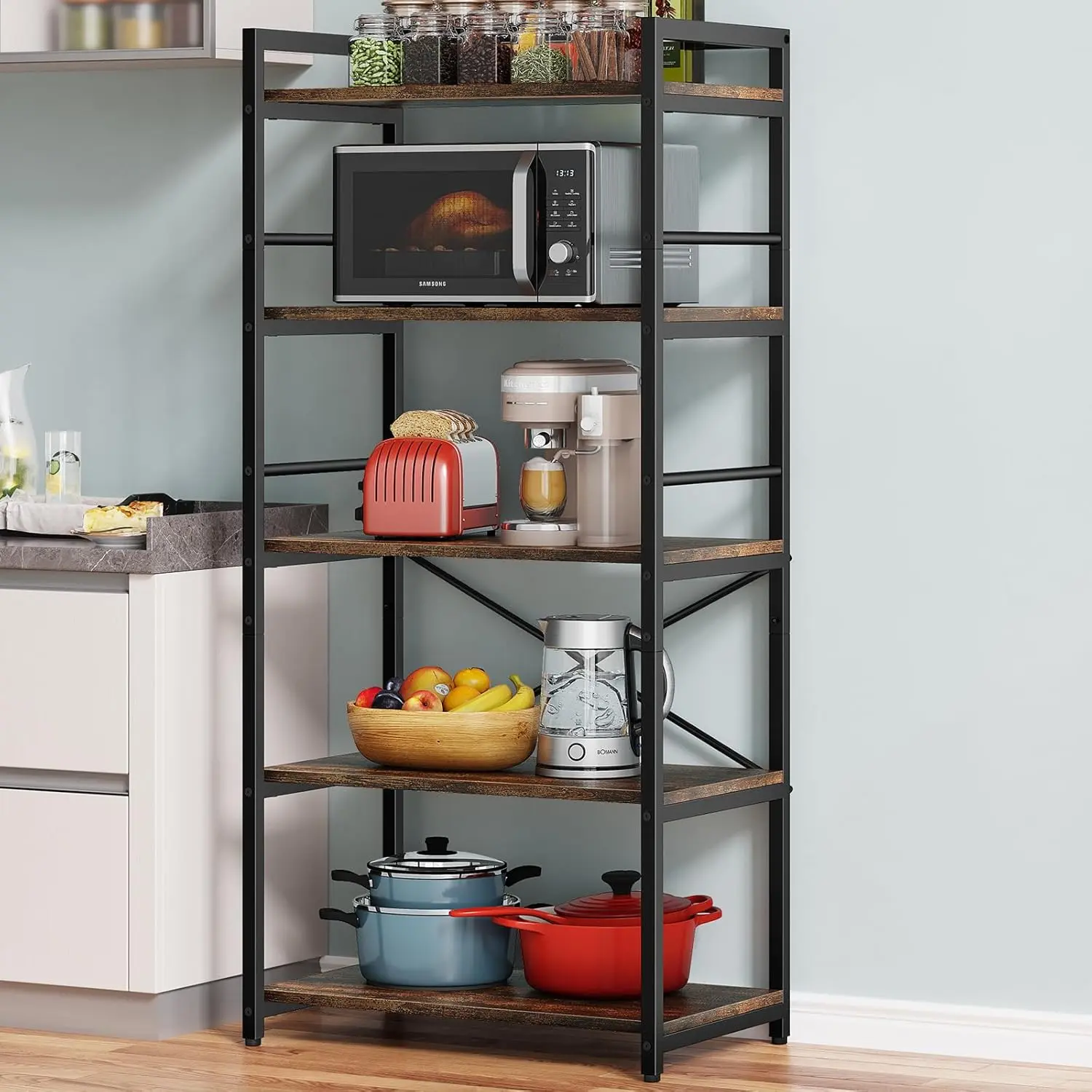 Industrial 5-Tier Carbon Steel Bakers Rack with Guard Rails - Sturdy Free Standing Kitchen Storage Shelf, Microwave Stand, P2 Particle Board Coffee Bar for Small Spaces, Quick Install, 23.62" L x 15.75" W x 60.24" H