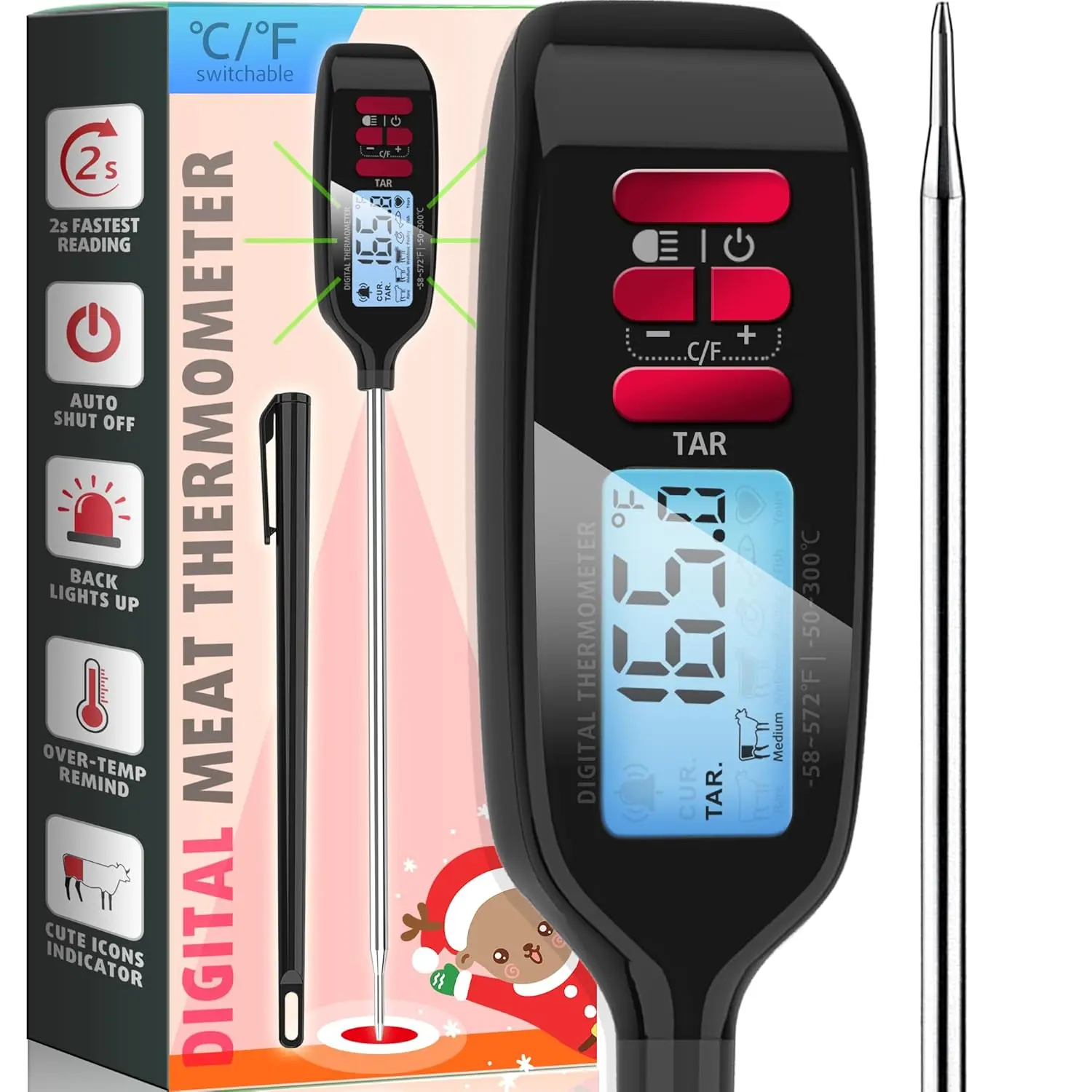 Meat  Digital,  Instant Read   with Super Long Probe for Cooking Grilling Baking Kitchen Candy BBQ Oil Liquid, Backlit Display,  Included