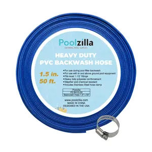 Poolzilla Heavy Duty Swimming Pool Backwash Hose | 1.5"x50' | Blue | Includes Steel Clamp
