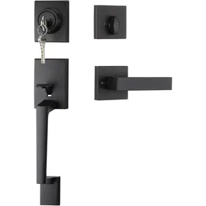 Black Front Door Handle and Deadbolt Set, Entry Door Handle and Deadbolt with Reversible Handle Lever, Front Door Lock Set, Exterior Door Handles and Locks