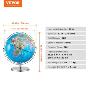 fathersdaygift  VEVOR Rotating World Globe with Stand, 13 in/330.2 mm, Educational Geographic Globe with Precise Time Zone ABS Material, 720 Spinning Globe for Kids Children Learning Classroom Geography Education