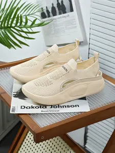 Women's Beige Cushion Thick-Sole Mesh Shoes: Daily Comfort Style, Breathable Flyknit, Anti-Slip Rubber Sole, Cut-Out Design. Ideal for home relaxation/short walks