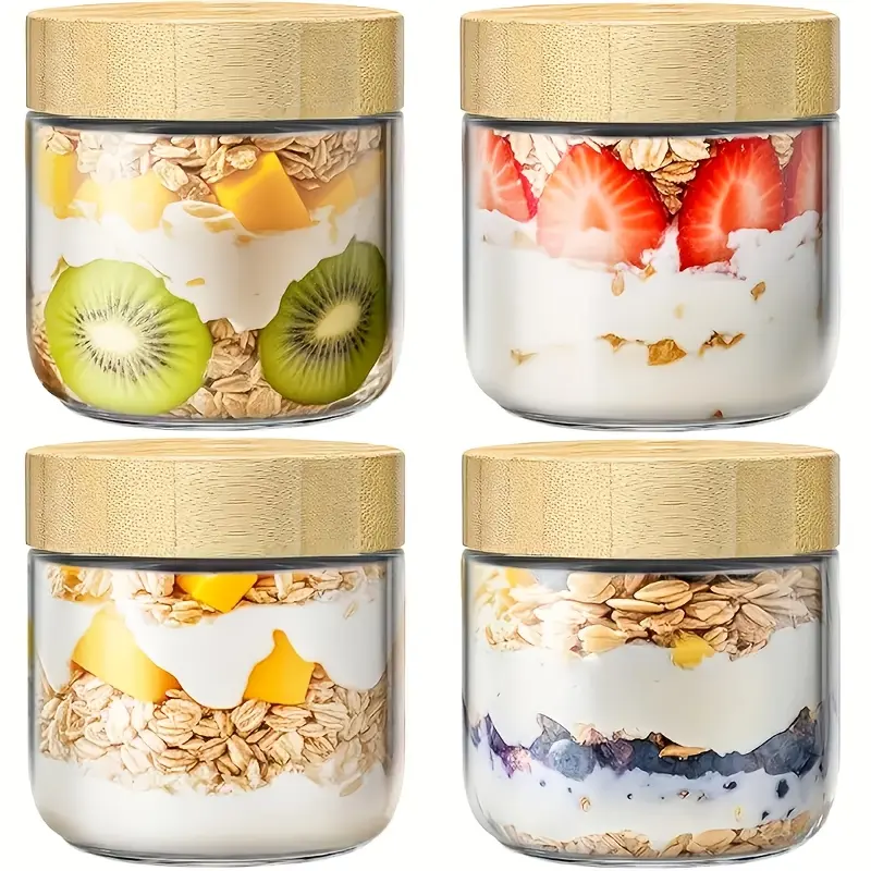 [Durable Glass Cups] 2/4pcs Durable 300ml (10oz) Glass Cups with Lid | Nighttime Oatmeal Containers, Food Storage Jars for Yogurt, Chia Seed Snacks & Spices, Kitchen Organization, Meal Prep Containers