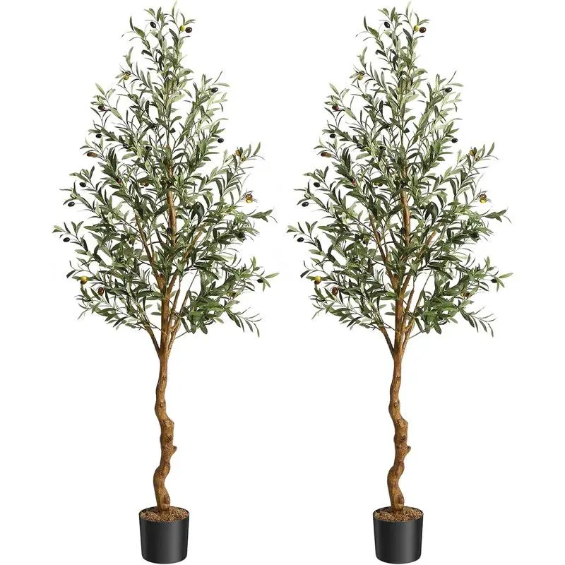 6FT (2PCS) Artificial Olive Trees, Imitation Silk Olive Trees for Home Office Living Room Decoration, Indoor Fake Potted Trees with Natural Wood Trunk and Lifelike Fruits