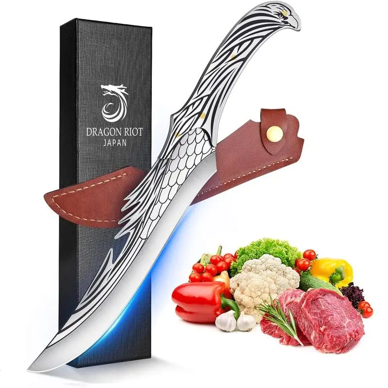 DRAGON RIOT 8" Unique Eagle Style Chef Knife Viking Gifts for Men Viking Knives High Carbon Steel Knife with Sheath BBQ Knife for Various Gift Blade U
