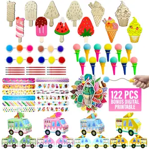 122 Pcs Ice Cream Party Favors - 12 Pcs Wooden Painting Kit Wristband Bubble Wand for Kids Birthday