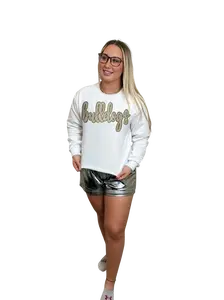 White and Gold Cursive Sequin Bulldogs Long Sleeve Crew Neck Casual Crewneck for Womenswear