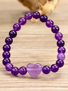 Fashion Natural Amethyst Crystal Heart Bracelet, Vintage 8mm Beads Healing Jewelry Gift for Valentine's Day & Thanksgiving