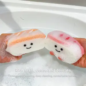 Kawaii Sushi Bath Sponge for Kids, Exfoliating and Quick-Drying Body Scrubber with Soap Dish Tray, Gentle Cleaning Shower Accessories