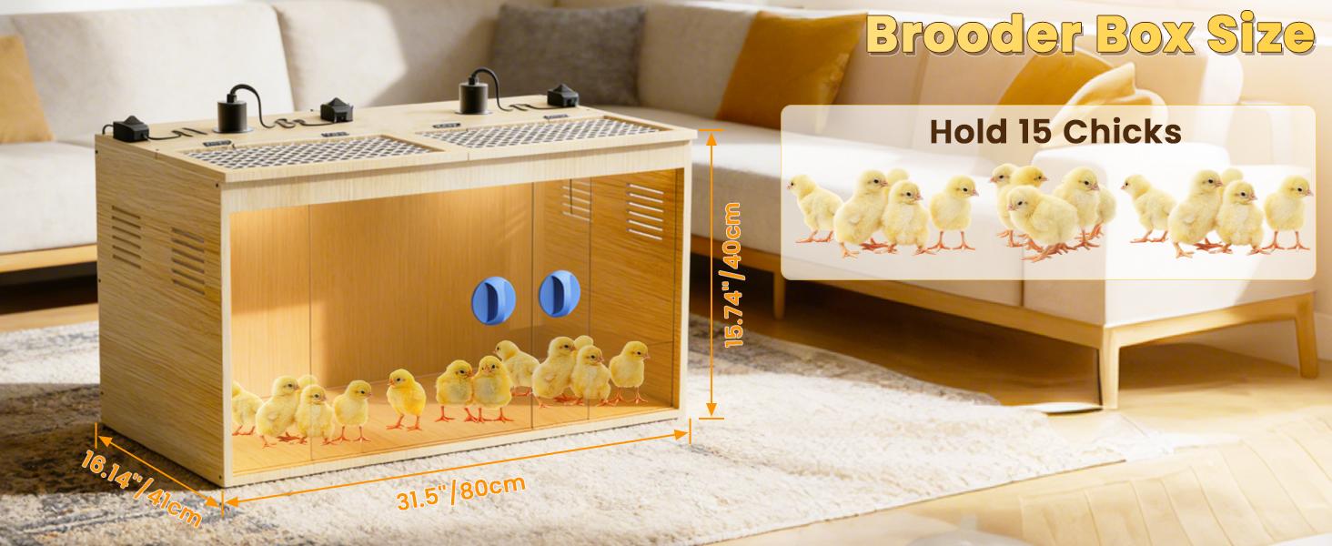 32 Inch Large Wooden Chicken Brooder Box, 75W Heat Lamps, Thermometer, Chicken Feeder & Waterer Set, Tin Foil, Ideal for 12-15 Newborn Chicks Ducks Quails, Brooder Box for Chicks
